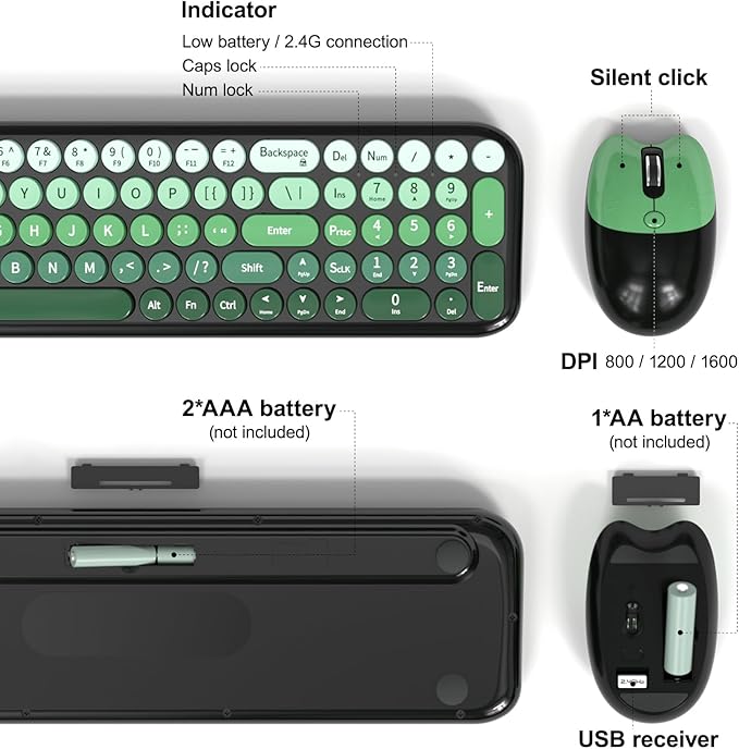 Wireless Keyboard and Mouse Combo, MOWUX Compact Typewriter Retro Round Computer Keyboard, Cute Optical Mouse Wireless, Plug and Play, for Laptop, PC, Computer- Black Green Gradient
