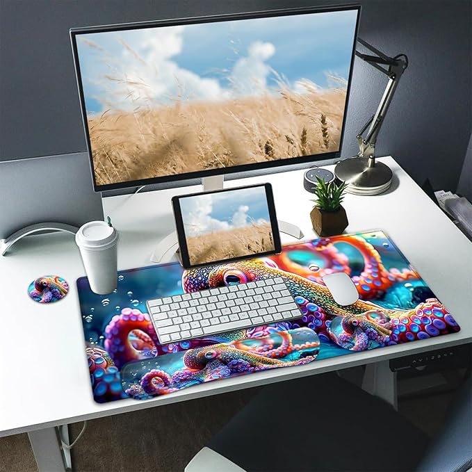 Large Mouse pad and Keyboard Support Set, Ergonomic Memory Foam Keyboard Wrist Rest, Extended Gaming Mouse Pad with Stitched Edges, Octopus XXL Desk Mat (31.5 X 11.8 in) for Home Office