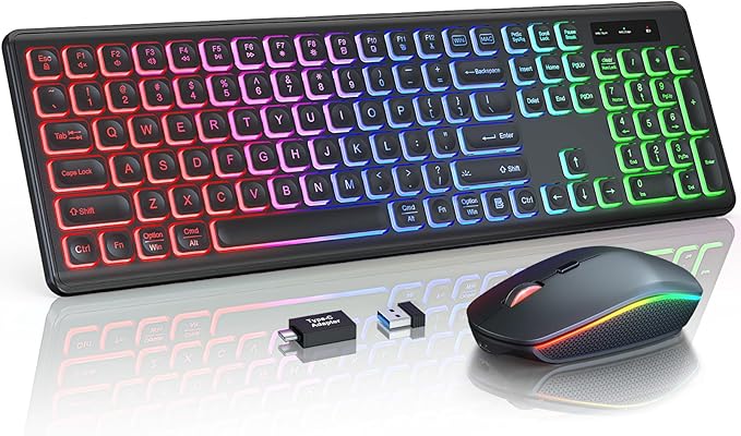 Wireless Keyboard and Mouse Combo, RGB Backlit, Rechargeable & Light Up Letters, Full-Size, Soft Typing, Sleep Mode, 2.4GHz Quiet Keyboard Set for Mac, Windows, Laptop, PC, Trueque KM42Pro (Black)