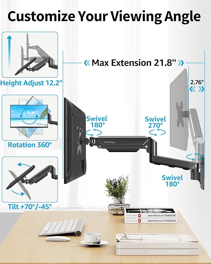 MOUNTUP Single Monitor Wall Mount for Max 32 Inch Computer Screen, Fully Adjustable Monitor Arm, Wall Mount Monitors Holder Support 4.4-19.8lbs Display, VESA Bracket Fit 75x75mm, 100x100mm