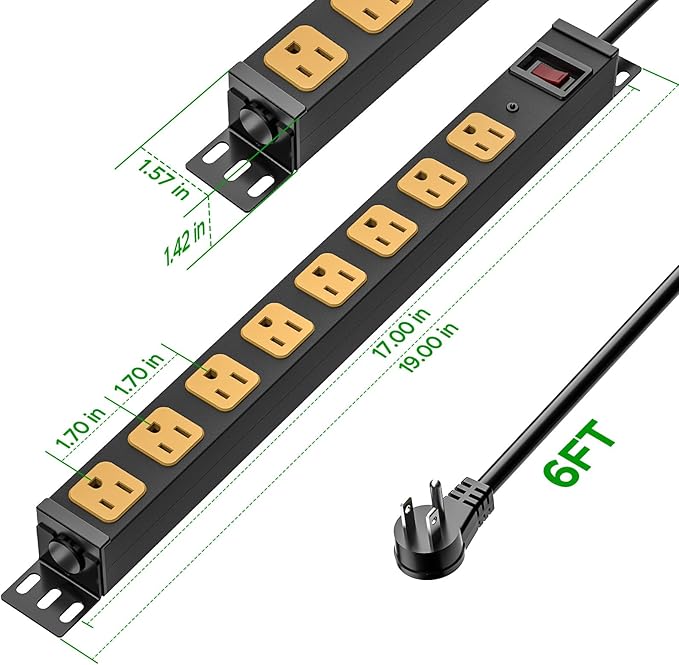 CRST 8 Outlet Heavy Duty 360° Rotating Mountable Power Strip, 2100 Joules Surge Protector Power Strip, 15Amp/1875W Garage Shop Home Power Bar with 6FT 14AWG Cord