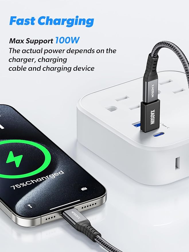 XAOSUN 10Gbps USB to USB C Adapter 3 Pack, 3.1 USBC Female to USB Male Adapter, One-Sided SuperSpeed Data Sync, 100W Fast Charging for iPhone 16 15 14 13, Laptop, Charger, Quest Link, etc, Black