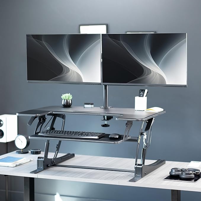 VIVO 36 inch Standing Desk Converter with Dual Monitor Mount Arms for up to 30 inch Screens, Height Adjustable Desk Riser, Black, DESK-KIT-0V02
