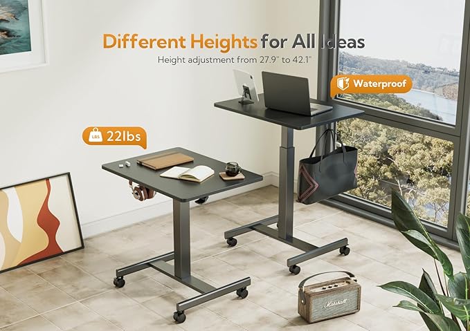 Claiks Mobile Standing Desk, Small Rolling Adjustable Desk with Wheels, Pneumatic Mobile Desks Workstation with Hook, Black