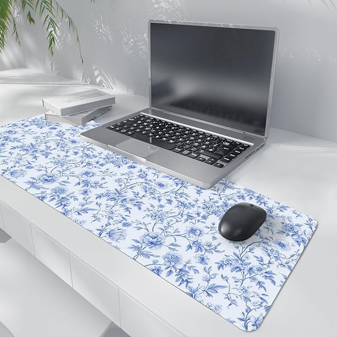 Light Blue Chinoiserie Mouse Pad,Vintage Blue and White Floral Desk Mat,XL Large Vintage Floral Preppy Mouse Pad,Girly Laptop Desk Mat for Dorm Home Office Decor,31.5x11.8 in