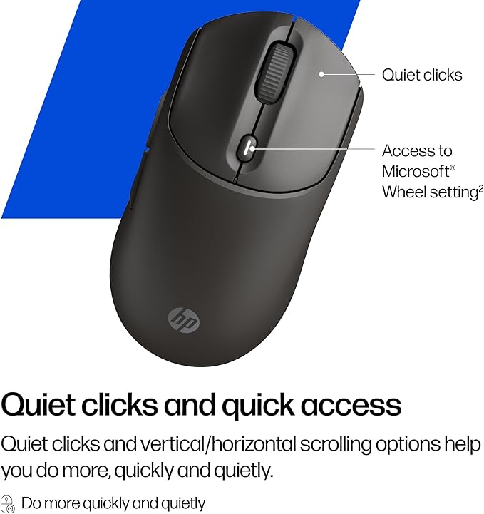HP 400 Quiet Wireless Mouse, Dual Bluetooth & 2.4GHz, Soft Silicone, Quiet Clicks, Microsoft Wheel, 24-Month Battery, 6000 DPI, Ambidextrous, Eco-Friendly Design, Multi-OS, Black