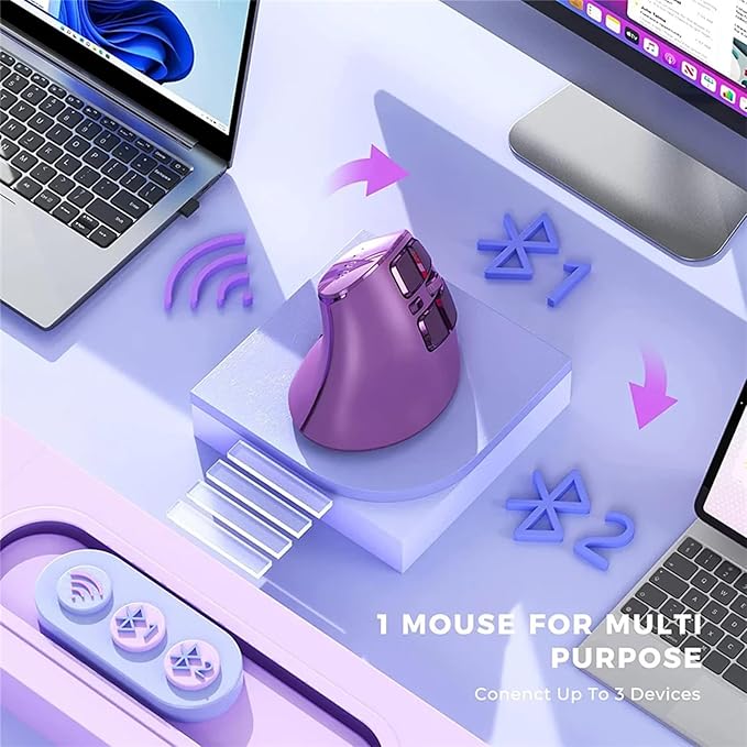 Vertical Mouse, Wireless Ergonomic Optical Mouse (BT 5.0 + Bluetooth 3.0 + USB Connection) with 9 Buttons, Rechargeable Computer Mouse for Wins PC/Laptop, Mac (Purple)