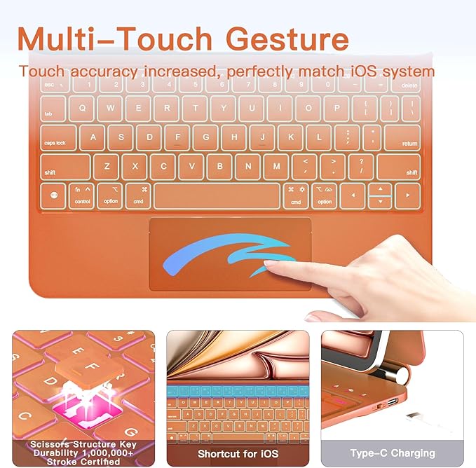 for iPad Air 11 inch Case with Keyboard (M4/M3/M2, 2026/2025/2024), iPad Pro 11 (4th/3rd/2nd/1st Gen) & Air 5/4th Magic Keyboard Case, Backlit, Multi-Touch Trackpad, Orange