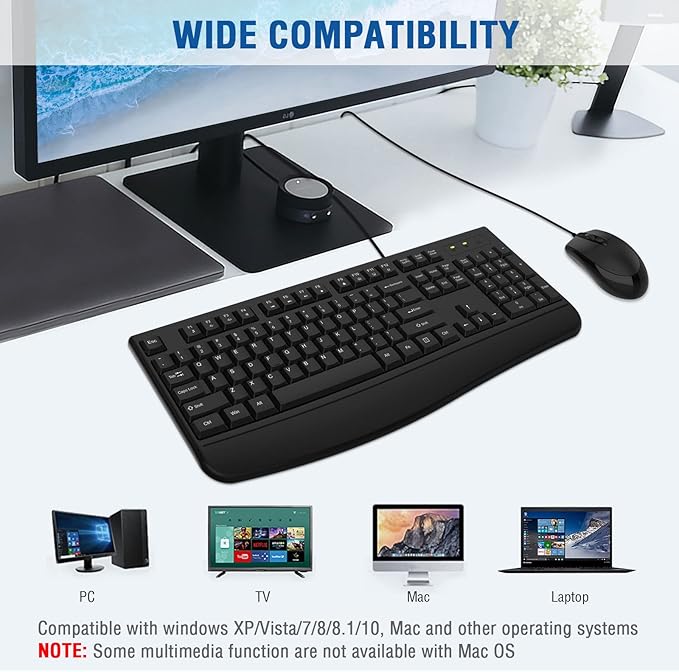 Wired Keyboard and Mouse Combo, EDJO Full-Sized Ergonomic Computer Keyboard with Palm Rest and Optical Wired Mouse for Windows, Mac OS Desktop/Laptop/PC (2 Pack)