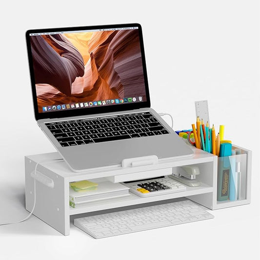 Adjustable Wood Laptop Stand, Ergonomic Height & Angle Computer Riser with Pen Holder – Compatible with MacBook Air/Pro, Dell, HP, Lenovo & 10-17.3" Notebooks – White