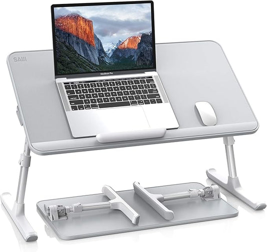 SAIJI Leather Laptop Bed Tray Table, Adjustable Laptop Stand with Removable Stopper, Portable Lap Desks with Foldable Legs, Notebook Stand Breakfast Reading Desk for Sofa Couch Floor(Large,Gray)