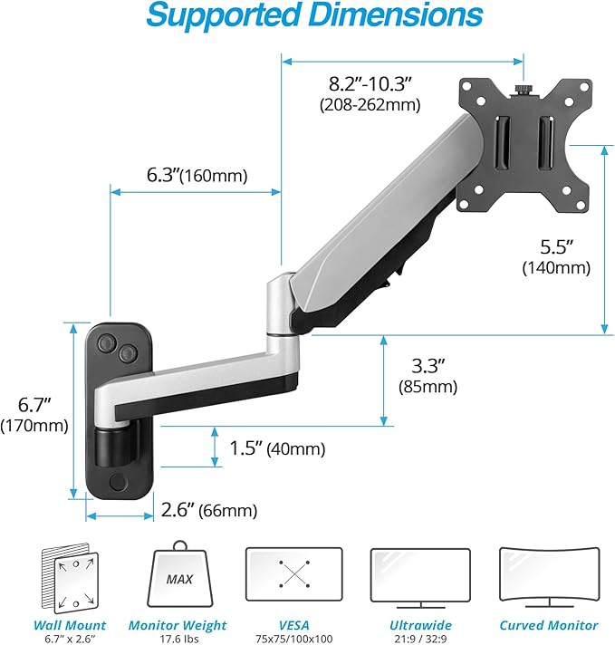 AVLT Single Extended 13"-32" Monitor Wall Mount fits Flat/Curved Computer Screen Full Motion Height Swivel Tilt Rotation Adjustable Arm - VESA/Cable Management