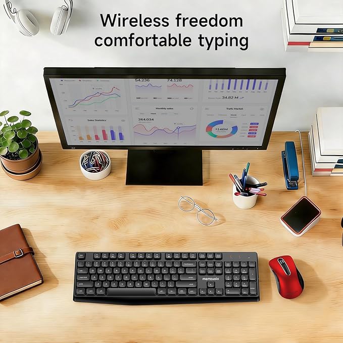 Wireless Keyboard and Mouse Combo, memzuoix 2.4G Full-Size Ergonomic Keyboard Mouse Set, Lag-Free Cordless One USB Receiver for PC, Laptop, Windows, Mac(Black Keyboard + Red Mouse)