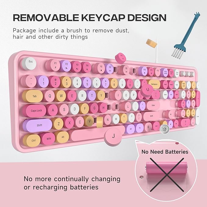 Computer Keyboard Wired, Plug and Play USB Retro Round Typewriter Keyboard, Full Size Wired Keyboard with Foldable Stands for Laptop and Office PC- Pink Colorful
