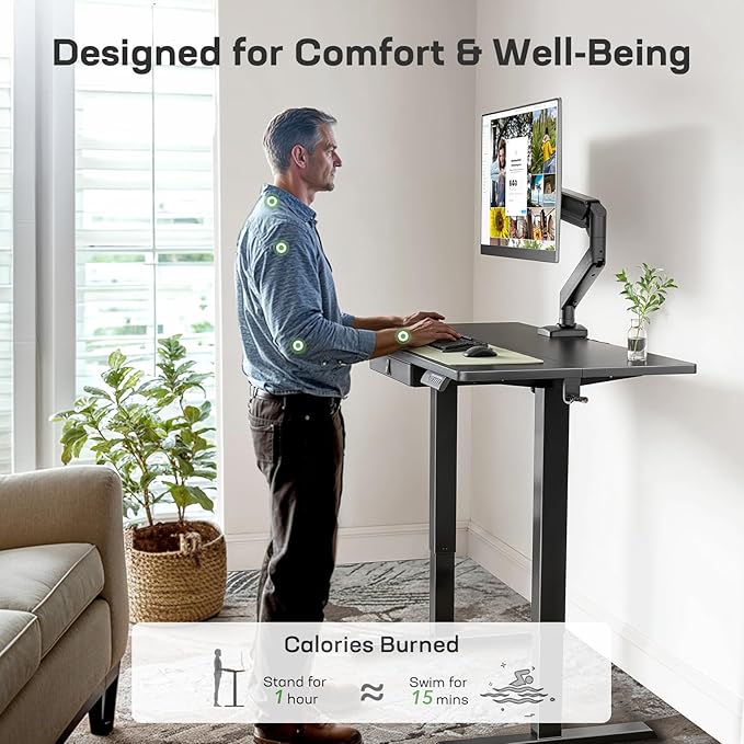Marsail 48x24 Electric Standing Desk with Drawer, Computer Desk, Sit Stand Office Table with Storage & Hooks & Cable Management, Ergonomic Height Adjustable Table for Home Office, Black