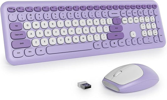 surmen Purple Keyboard and Mouse Wireless, Cute Wireless Typewriter, Full Size Slim Silent Round Keys Aesthetic Keyboard for Home and Office(Colorful Purple)