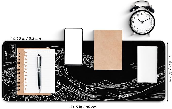 Gaming Mouse Pad, Large 31.5 x 11.8 inches Mousepad, Long Keyboard Pad, Cute Mouse Mat for Computer with Stitched Edges and Non-Slip Base (Black Japanese Wave)