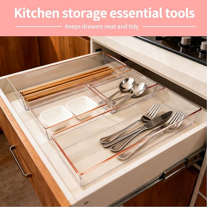 6 Pack Large Size Clear Stackable Drawer Organizer Trays, Rose Gold Rim Makeup Drawer Storage Tray Divider, Desk Storage for Makeup, Jewelry, Bathroom, Stationary, Kitchen Utensils and Office Desk