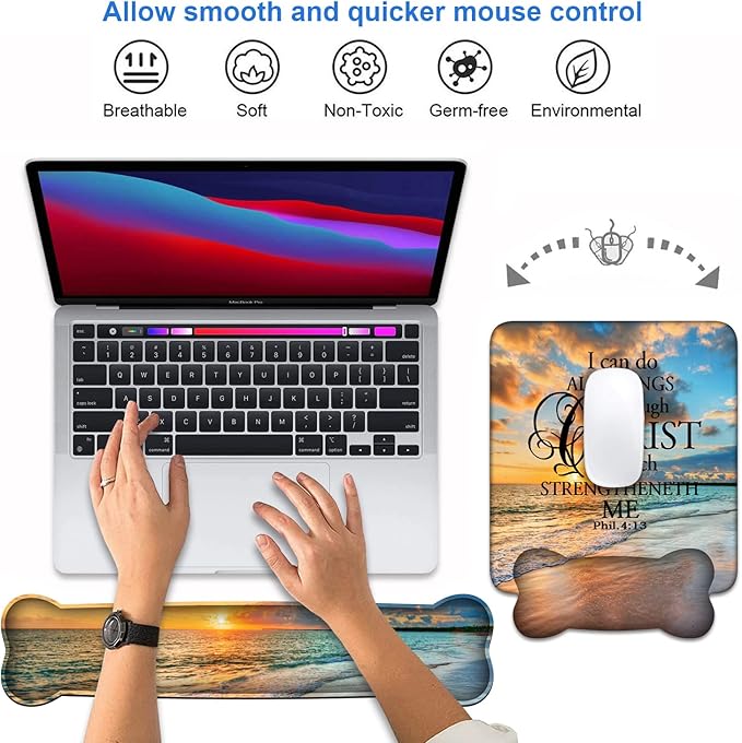 Wrist Rest Support Ergonomic Gel Mouse Pad and Memory Foam Keyboard Set, Non-Slip Rubber PU Base for Home Office Working Studying Easy Typing & Pain Relief, Bible Verse Phil 4:13