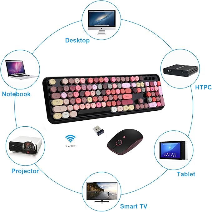 Retro Wireless Keyboard and Mouse Set,2.4Ghz Colorful Lipstick Style Typewriter Keyboard with Cute Round Keys,Full Size Mixed Color Aesthetic Keyboard&3 DPI Mouse for PC Laptop Desktop Computer-Black