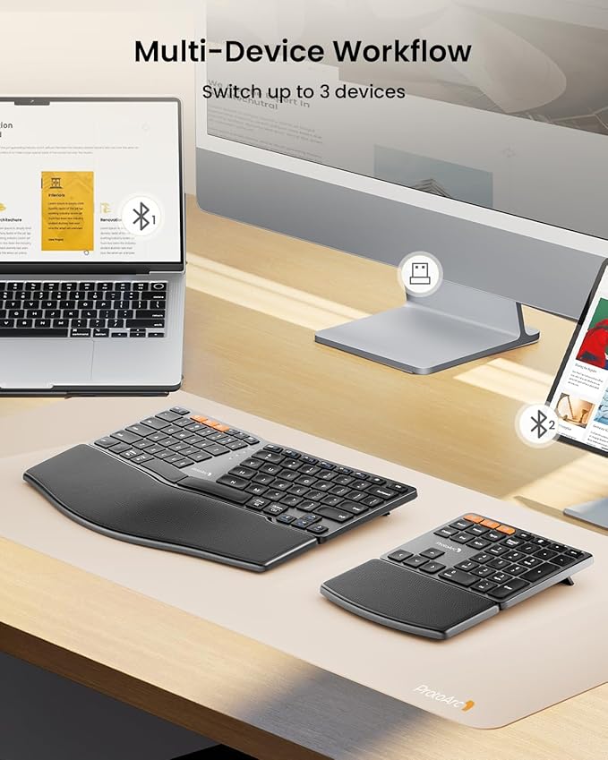 ProtoArc Bluetooth Ergonomic Keyboard, Wireless Ergonomic Keyboard with Separate Number Pad, Dual Bluetooth and USB, Hard Palm Rest, Split Design, Rechargeable for Windows/Mac/Android