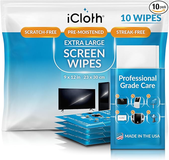 iCloth XL Screen Cleaning Wipes, Lint-Free and Streak-Free, Fast-Drying, Removes Dust, Fingerprints, and Smudges (10 XL Wipes)