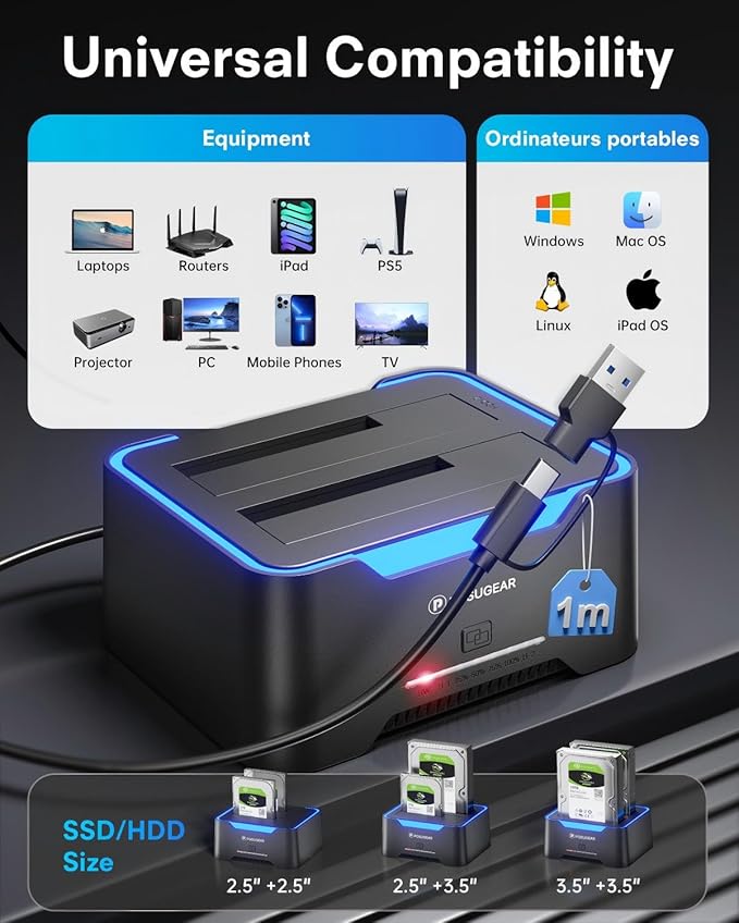 POSUGEAR External Hard Drive Docking Station, RGB Hard Drive Dock for 2.5/3.5 inch SATA HDD SSD, HDD Docking Station with 2 x 20TB Dual Bay, USB 3.0 Hard Drive Reader, Support Offline Clone and UASP