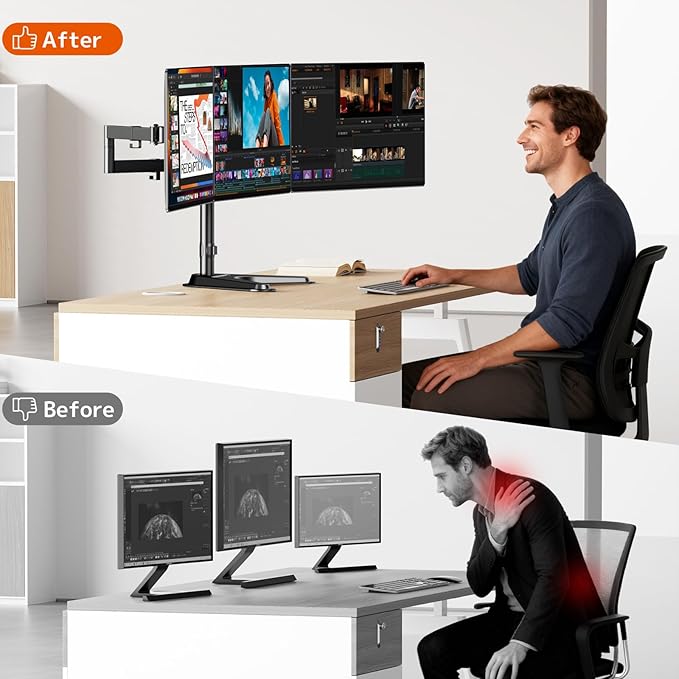 Triple Monitor Stand, Heavy Fully Adjustable Motion Mount Fits 3 Screens up to 27 inch, Free Standing Desk Stand with Base and Cable Management, 22 lbs Weight Capacity per Arm, Black