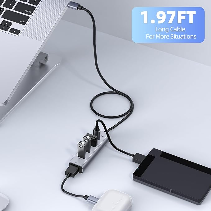 USB C to USB A Hub Splitter 5 Ports with BC Charging Aluminum Thunderbolt to USB C Hub Multiport Adapter USB 3.0 5Gbps Type C Hub Extender for Laptop Mac iPad PC Surface XPS and More(1.97FT5in1)