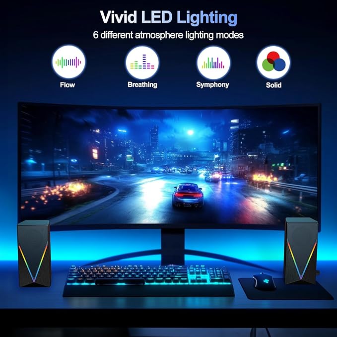 Computer Speakers, Desktop PC Speakers with 6 Colorful RGB Lights, Headphone Jack, Enhanced Bass and Volume Control, USB Powered & 3.5mm Aux Gaming Speakers for Laptop Monitor PC Tablet Phone