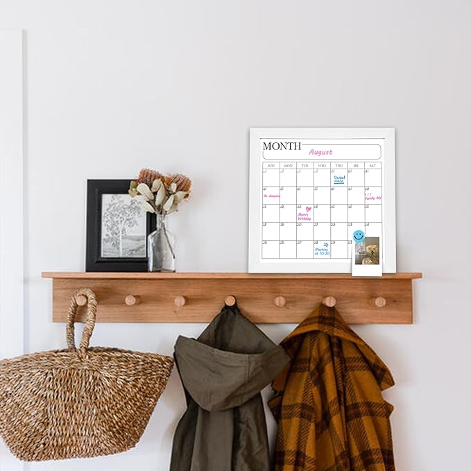 Monthly Calendar Dry Erase Board for Wall, 11.8" x 11.8" Magnetic Surface Whiteboard with White Wooden Frame, Hanging White Board Calendar for Decor/Memo(YL-WH,3030)