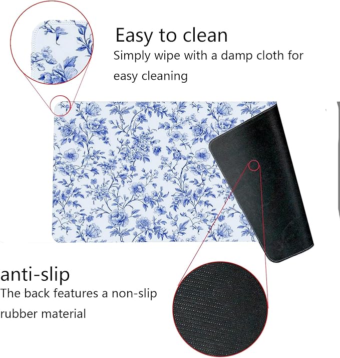 Light Blue Chinoiserie Mouse Pad,Vintage Blue And White Floral Desk Mat,XL Large Vintage Floral Preppy Mouse Pad,Girly Gaming Mousepad,Girly Laptop Desk Mat For Dorm Home Office,23.6x11.8 Inch