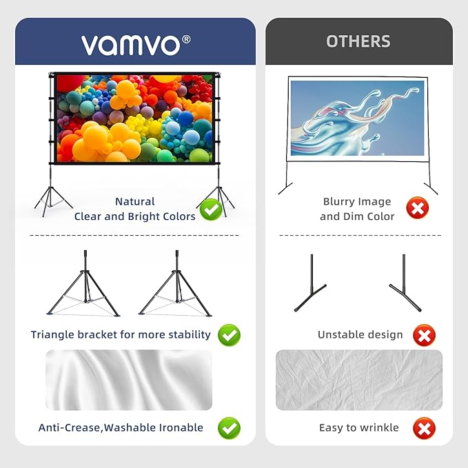 Projector Screen Outdoor, Vamvo Projector Screen with Stand Portable 150" Foldable ProjectorScreen, 10 Feet Indoor Movie-Screen with Carrying Bag for Home Theater Backyard Movie Night