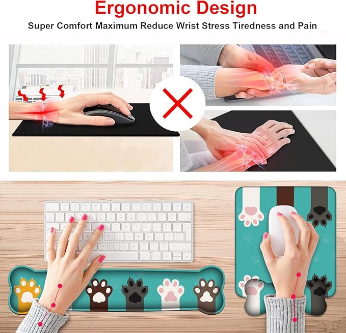 Wrist Rest Support Ergonomic Gel Mouse Pad & Memory Foam Keyboard Set, Non-Slip Rubber PU Base for Home Office Working Studying Easy Typing & Pain Relief, Cute Cat Paws