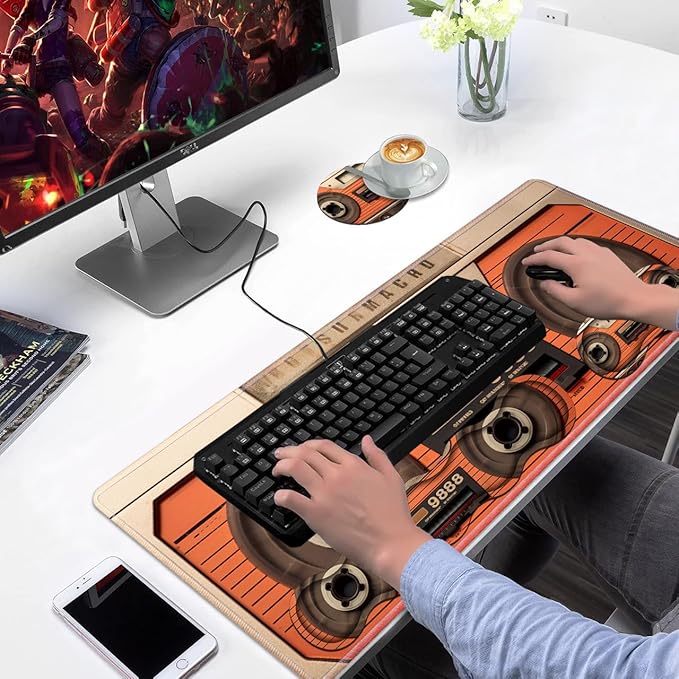 Ergonomic Keyboard Wrist Rest & Mouse Pad Wrist Rest Set, Large XXL Gaming Desk Mat 31.5"x 11.8" with Non-Slip Base, Memory Foam, Easy Typing Pain Relief for Home & Office, Retro Tape Recorder