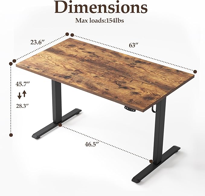 Klicelor 63 Inch Large Electric Standing Desk, Height Adjustable Office Desk, Sit Stand Up Computer Gaming Desk with Memory Preset, Three-Piece Desktop, Rustic Brown