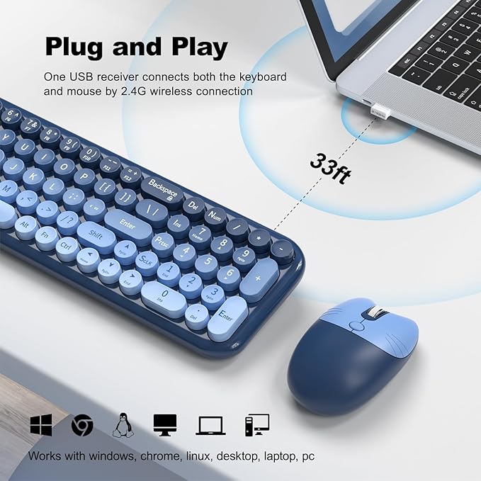 Wireless Keyboard and Mouse Combo, MOWUX Compact Typewriter Retro Round Computer Keyboard, Cute Optical Mouse Wireless, Plug and Play, for Laptop, PC, Computer- Sea Blue Gradient