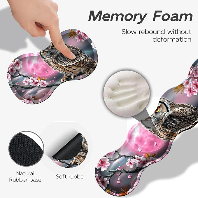 Gaming Mouse Pad Set, Cherry Tree Owl Large Desk Mat Mousepad, Keyboard Wrist Support, Mouse Wrist Rest, Coaster 4in1 Ergonomic Memory Foam, Non-Slip Stitched Edge for Home Office