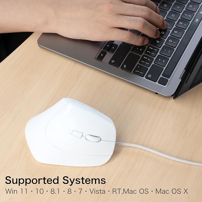 SANWA Wired Ergonomic Mouse, Silent Click Vertical Computer Mice, 3 Programmable Buttons, Optical Ergo Mouse, Reduce Wrist Strain, 1000/1600 DPI, Compatible with Mac, Windows, Laptop, PC, White