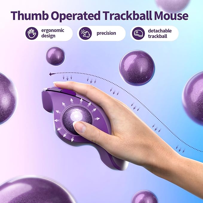 seenda Wireless Trackball Mouse, Bluetooth - Ergonomic Rollerball Mouse Rechargeable, 3 Device Connection Optical Mice Adjustable DPI Thumb Control Mice Compatible for Mac/Android/Windows - Purple