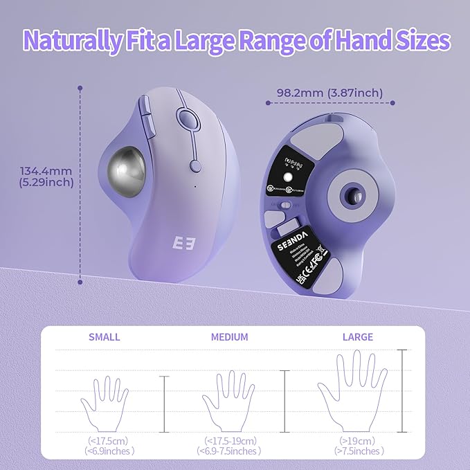 seenda Wireless Trackball Mouse, Bluetooth - Ergonomic Rollerball Mouse Rechargeable, 3 Device Connection Optical Mice Adjustable DPI Thumb Control Mice Compatible for Mac/Android/Windows-Light Purple
