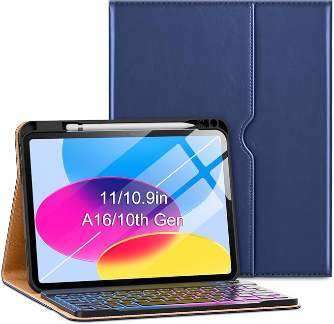 VIKESI Keyboard Case for iPad (A16,2025) 11th Generation/iPad 10th Generation Case (10.9" 2022),Premium Leather Smart Cover,Built-in Breathing Light,Function Row,Pencil Holder,Card Slots - Navy Blue