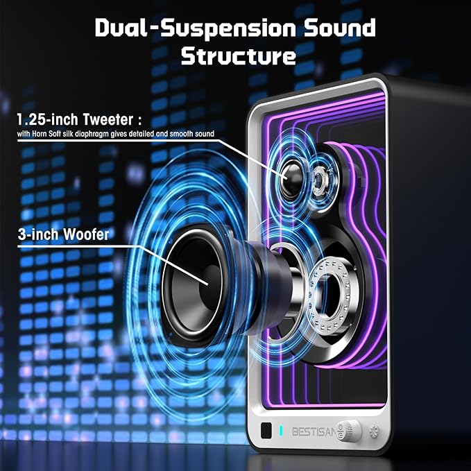 BESTISAN 50W*2 Active Bookshelf Speakers with Dynamic Light Effect, 3" Bass Computer Speakers with ARC/Optical/RCA/BT 5.2/USB/SUB Out Input for Turntable, PC, TV and Phone.