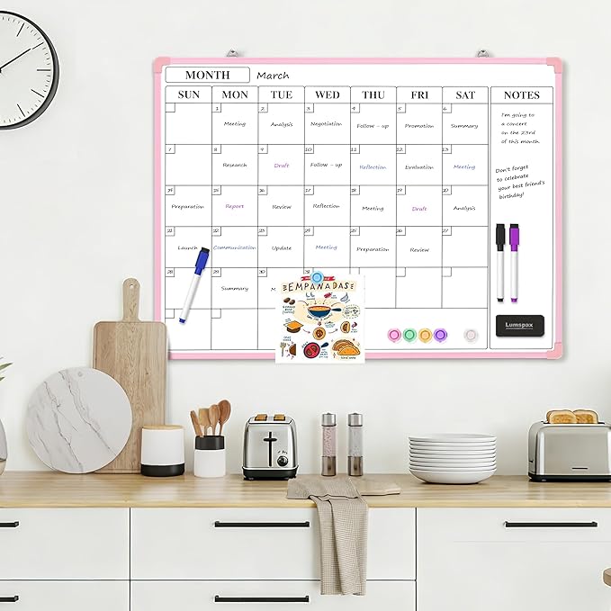 Monthly Whiteboard Calendar for Wall, 24" x 18" Dry Erase Board with Plastic Frame, Hanging Dry Erase Calendar with 3 Mini Sticky Notes for Kitchen Planner, Memo, Home and Office, Pink