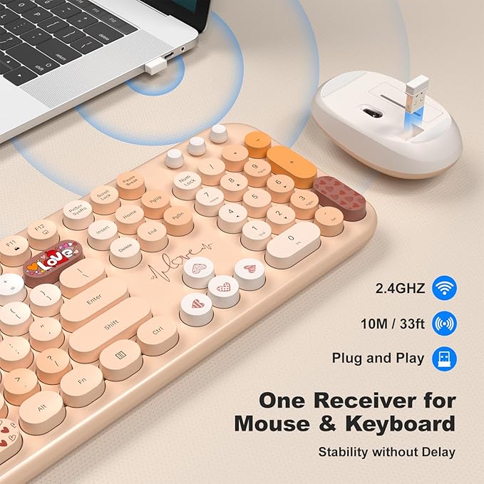 KNOWSQT Wireless Keyboard and Mouse Combo - Lovely Milktea Rainbow 2.4G Full-Sized Colorful Keyboards, Round Keycap USB Dongle Plug Play Cute Keyboards for Windows, Laptop, PC, Desktop, Mac