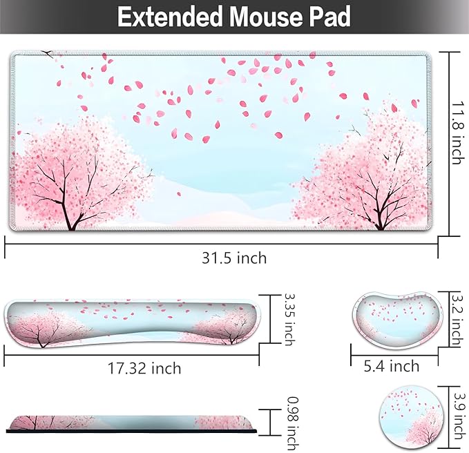 Large Mouse pad and Keyboard Support Set, Ergonomic Memory Foam Keyboard Wrist Rest, Extended Gaming Mouse Pad with Stitched Edges, Sakura Cherry Tree XXL Desk Mat (31.5 X 11.8 in)