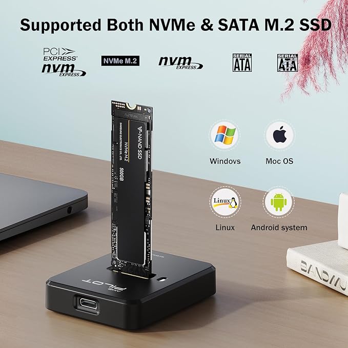 Tool-Free M.2 NVMe & SATA to USB C Docking Station, 10Gbps SSD Reader Adapter for Data Rescue & External Storage, Supports M/B+M Key NVMe PCIe & SATA NGFF 2230-22110, for Laptop, PC
