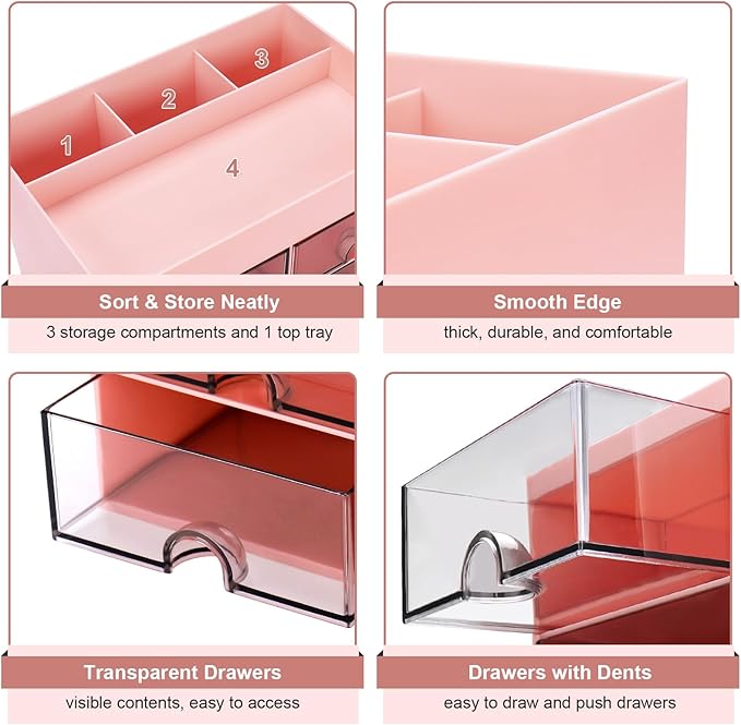 Desk Organizer, Office Organizer with Drawer, Desk Accessories & Workspace Organizers, Pen Holder Office Supplies for Desk (4 Drawers+4 Compartments, Pink)