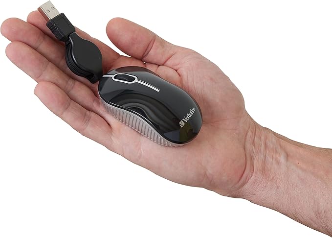 Verbatim Wired Optical Computer Mini USB-A Mouse - Plug & Play Corded Small Travel Mouse with Retractable Cable – Black 98113