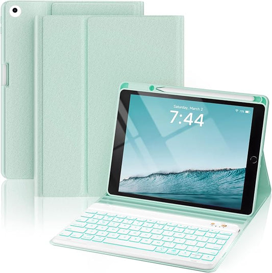 OYEEICE for iPad 6th 5th Generation Case with Keyboard 9.7 inch & Air 2nd- 7 Color Backlit Wireless Keyboard with Pencil Holder for iPad 6th/5th Pro 9.7'' Air 2/1- Green